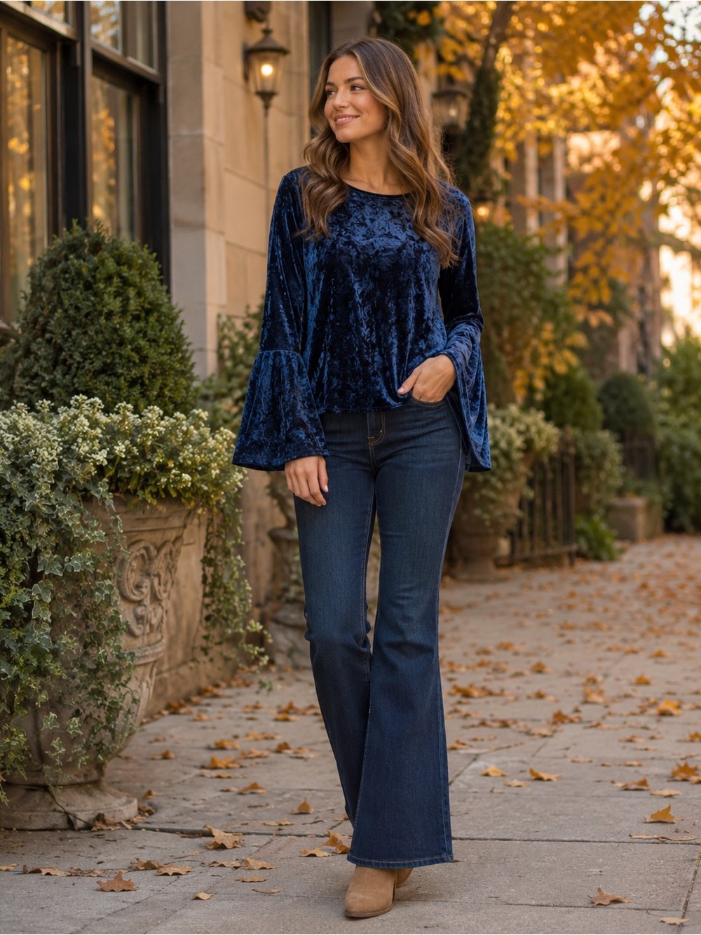 BeachLunchLounge Navy Crushed Velvet Bell Sleeve Top M Boho